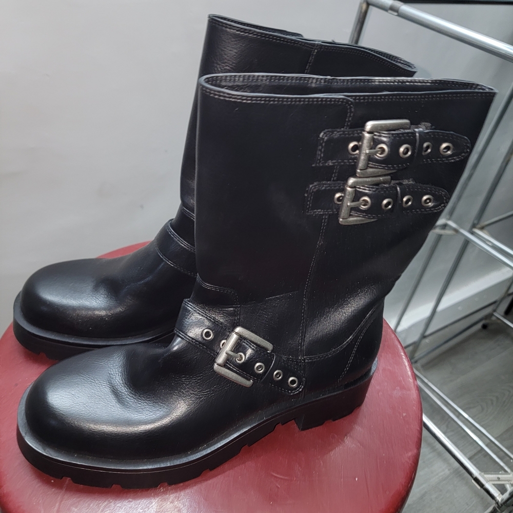 Black Combat Boots with Silver Buckles and Studs